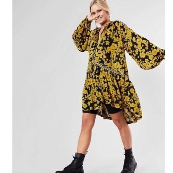 Free People Love Letter Tunic Floral Yellow Black M - Picture 4 of 11